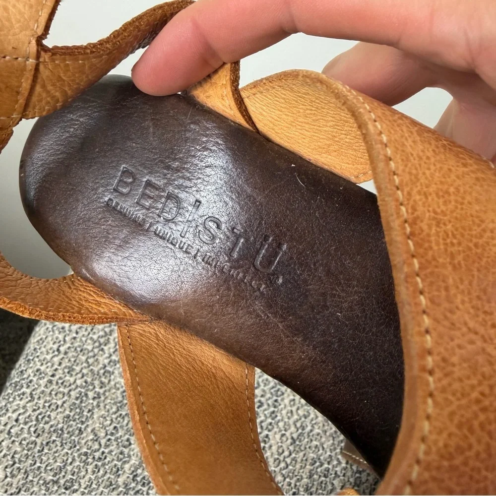 BED STU Sophie Brown Tan Leather Wood Platform Sandals 7.5